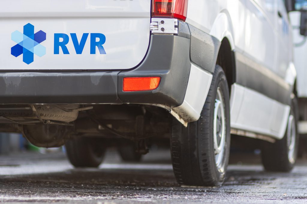 Close-up of the back wheel on a RVR refrigerated van.